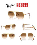 Unisex RB3699 Square Sunglasses With Gold Frame And Brown Gradient Lenses, 56mm, Nonpolarized Full Rim Design displayed in four angles
