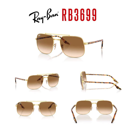 Unisex RB3699 Square Sunglasses With Gold Frame And Brown Gradient Lenses, 56mm, Nonpolarized Full Rim Design displayed in four angles