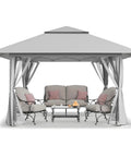 13x13 Pop Up Gazebo Canopy Tent For Backyard With Easy One Push Centerlok Setup, gray shelter over patio furniture, curtains tied back