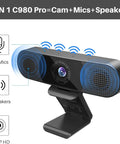 Crystal Clear 1080P HD Webcam With Four Noise Blocking Mics And Dual Built In Speakers Adjustable Wide Angle Lens view showing 4 mics and 2 speakers.