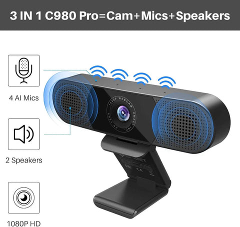 Crystal Clear 1080P HD Webcam With Four Noise Blocking Mics And Dual Built In Speakers Adjustable Wide Angle Lens view showing 4 mics and 2 speakers.