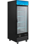 Pro Grade Merchandiser Freezer With 23 Cubic Foot Capacity Slick Black Finish showcasing tinted glass door and four epoxy shelves.