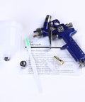 Top Shelf Slick Finish HVLP Mini Paint Spray Gun With 0.8mm And 1.0mm Nozzles For Car Detailing and Aerography with cup and safety instructions.