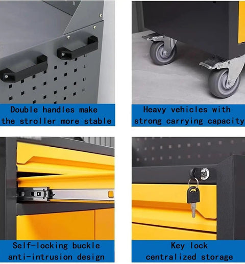 Heavy Duty Rolling Tool Cart With Roomy Sliding Drawers And Multipurpose Workbench Top For Garage Shop Storage Pro Spec Steel Tool Chest Organizer Built Tough, showing double handles and wheels.
