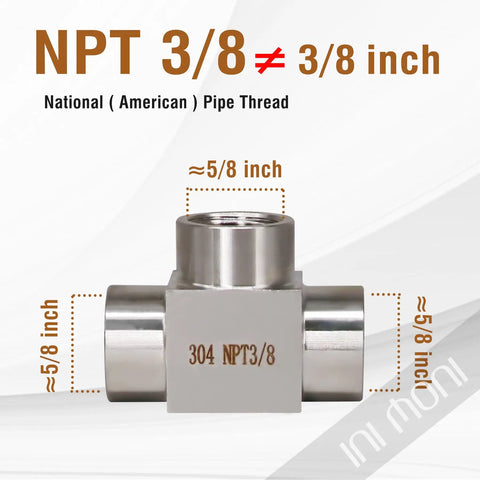 Three Eighths NPT Stainless Steel Tee Fitting 304 High Pressure Pipe Tee for Fluid and Air Lines with size annotations