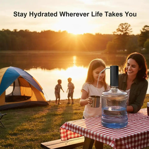 Family using Electric USB Charged Water Dispenser Pump For 2 To 6 Gallon Bottles at campsite during sunset.