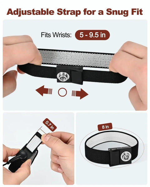 Adjustable ESD Safe Anti Static Wrist Strap With Alligator Clip showing fit for 5-9.5 inch wrists, 0.7 inch wide, 8-inch length