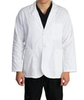 Unisex Multi Pocket Lab Coat For Students And Pros, White, Medium, Button Front Medical Jacket With Oversized Lower Pockets And Breast Pocket, Tablet Storage, Pencil Slot, 31 Inch Length, Eversoft 7oz Twill worn by person