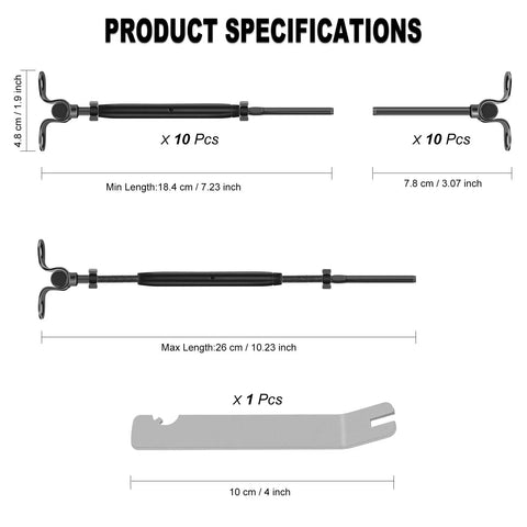Diagram showing product specifications for 30 Pairs Stainless Steel Adjustable Angle One Eighth Inch Wire Rope Cable Railing Hardware Kit with toggle turnbuckles.