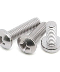Rock Solid 8-32 Pan Head Machine Screws Half Inch Full Thread 304 Stainless Steel Phillips Drive, three detailed screws visible.