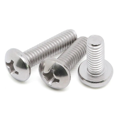 Rock Solid 8-32 Pan Head Machine Screws Half Inch Full Thread 304 Stainless Steel Phillips Drive, three detailed screws visible.