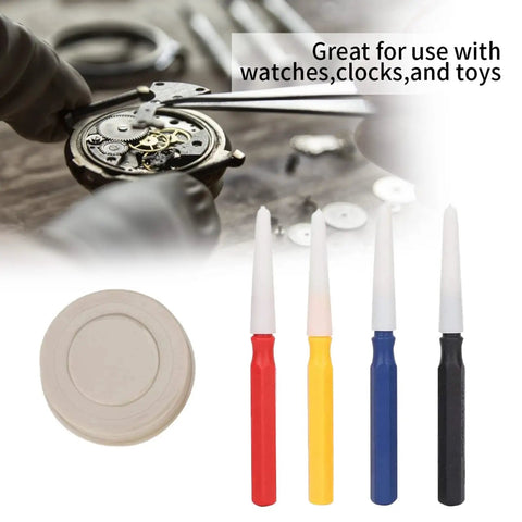 Watch Oiler Kit For Precision Lubrication 4 Piece Oil Pen Set with Multi Well Oil Cup shown with four colored oil pens.