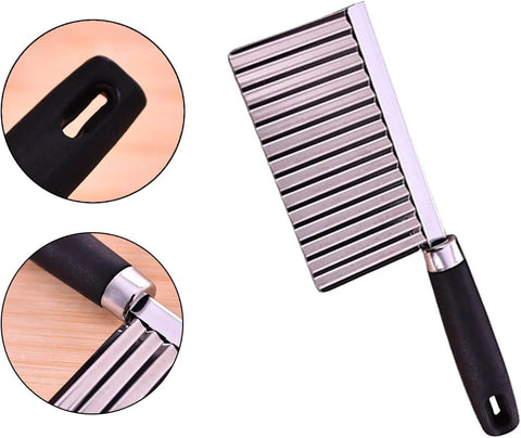 Crinkle potato cutter with stainless steel blade and black handle, angled front view