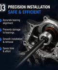 Beefed-Up Engine Cam Bearing Installation And Removal Tool Kit in use, showing smooth bearing alignment with text overlay