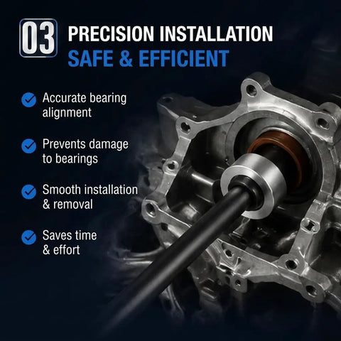 Beefed-Up Engine Cam Bearing Installation And Removal Tool Kit in use, showing smooth bearing alignment with text overlay