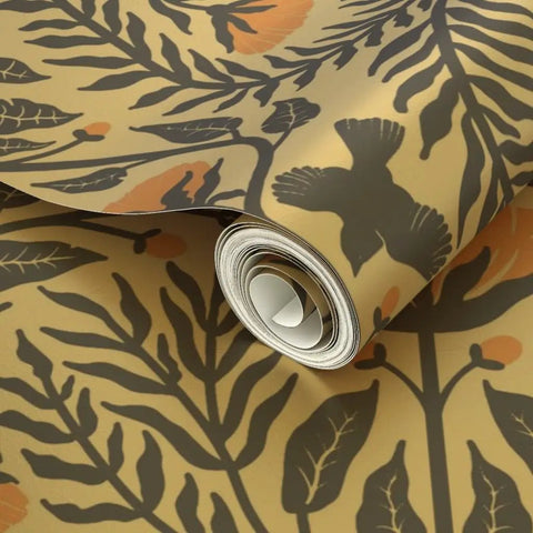Close-up of rolled Premium Bluebird Damask Gold Metallic Wallpaper Eco Friendly Fibrous Texture with floral design.