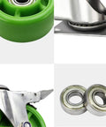 Heavy Duty 3 Inch Swivel Caster Wheels With Brakes Silent Nylon Rollers Double Ball Bearing showing green wheel and stainless steel bracket.