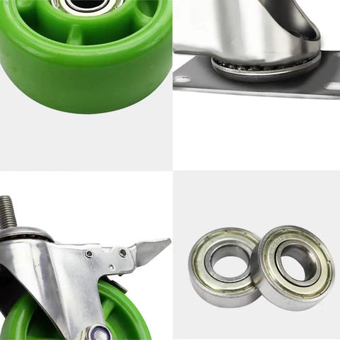 4 Inch Green Swivel Caster Wheels With Brake, Hardcore Industrial Trolley Casters, Stainless Steel Top Plate, and dual bearings.