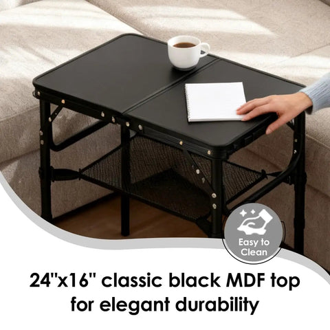 Foldable TV Tray Table With Adjustable Height beside sofa, black MDF top, 24x16 inches, sturdy aluminum frame, easy to clean