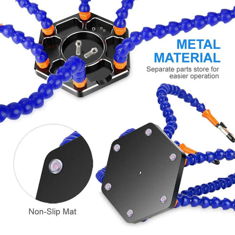 Six Arm Soldering Helping Hand Vise With LED Light And Magnifier On Aluminum Base, 6 Flexible Gooseneck Arms, Non-Slip Mat