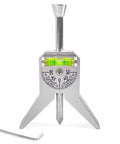 Front view of silver pipe center finder with bubble level and degree dial; includes hex key.