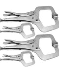 4 Pack Heavy Duty C Clamp Locking Clamps With 6 Inch And 11 Inch Tips, Swivel Pads, Quick Trigger Release, Chrome Vanadium Alloy Build, Built To Last For Your Home Workshop And Craft Projects That Grip Odd Shapes Tight. 4-piece set shown