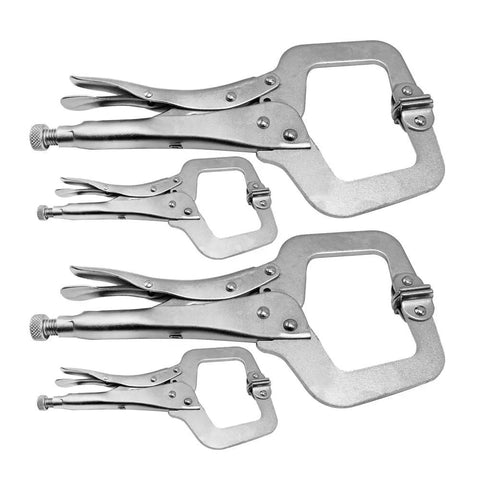 4 Pack Heavy Duty C Clamp Locking Clamps With 6 Inch And 11 Inch Tips, Swivel Pads, Quick Trigger Release, Chrome Vanadium Alloy Build, Built To Last For Your Home Workshop And Craft Projects That Grip Odd Shapes Tight. 4-piece set shown