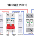 Product wiring guide for 2P 1000V 63A Solar DC Mini Circuit Breaker With Thermal Magnetic Trip, DIN Rail Mount DC Disconnect Switch.