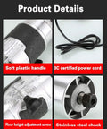 Palm Router Electric Hand Trimmer with soft plastic handle, 3C certified power cord, aluminum base, and stainless steel chuck details.