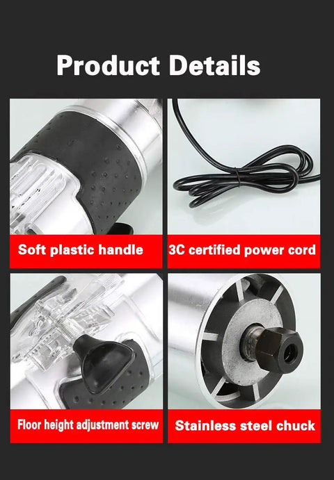 Palm Router Electric Hand Trimmer with soft plastic handle, 3C certified power cord, aluminum base, and stainless steel chuck details.