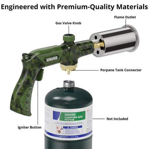Powerful Propane Torch For Searing Sous Vide Campfire Starters BBQ And Outdoor Welding Adjustable Flame Camouflage Finish.