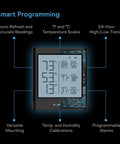 Smart Temp Humidity VPD Hygrometer B2 with LCD displaying temperature, humidity, and trends for basements, studios, and more.