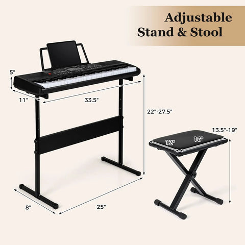 61 Key Portable Keyboard Piano With Stand And Bench Lighted Keys adjustable stand and stool dimensions shown