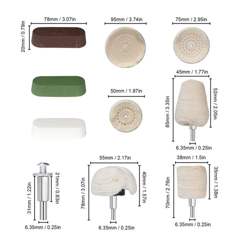 Hardcore 10 Piece Cotton Flannel Buffing Wheel Kit Includes Heavy Duty Wax Rod, sizes and shapes of buffing wheels displayed.