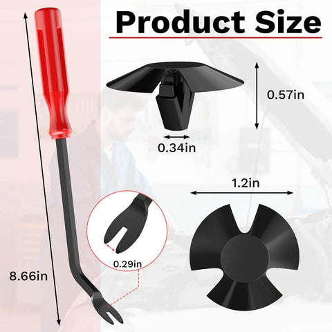 Product diagram showing dimensions of the 50 Piece Hood Insulation Retainer Clips Kit With 1 Remover Tool for Jeep Grand Cherokee Dodge Ram