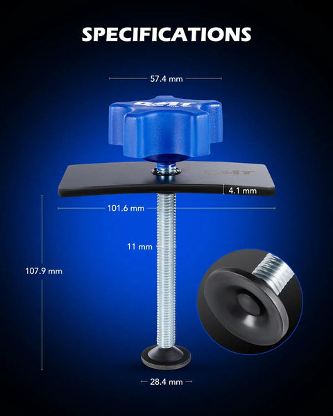 Heavy Duty Brake Pad Spreader Tool For Cars And Light Trucks No Sweat Piston Compressor To Reset Inner Pads And Retract Caliper Pistons Solid Steel Caliper Spreader specifications showing measurements in millimeters with a blue knob and black base.