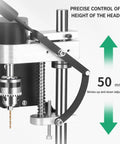 Mini Bench Drill Press With Seven Gear Variable Speed For Precise Drilling On Metal Wood Plastic And Acrylic, showing height adjustment mechanism.