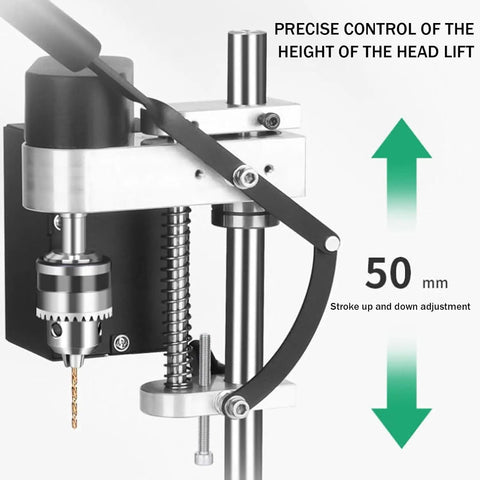 Mini Bench Drill Press With Seven Gear Variable Speed For Precise Drilling On Metal Wood Plastic And Acrylic, showing height adjustment mechanism.