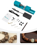 Mini Wood Lathe Machine With A Hella Strong 96W Copper Motor Spinning At 9000 Rpm For Smooth Polishing Grinding Cutting And Milling Perfect For Compact Hobby Workshops Any Weekend Day with accessories and wood samples.