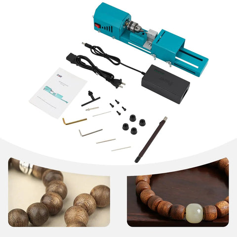 Mini Wood Lathe Machine With A Hella Strong 96W Copper Motor Spinning At 9000 Rpm For Smooth Polishing Grinding Cutting And Milling Perfect For Compact Hobby Workshops Any Weekend Day with accessories and wood samples.
