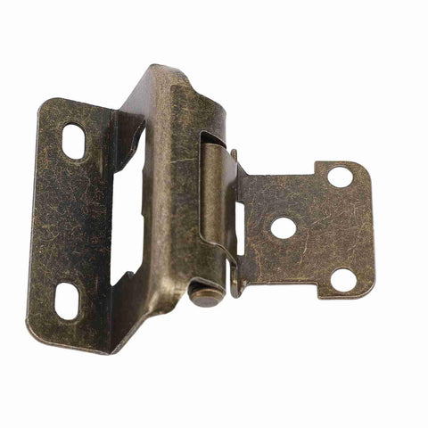 Close-up of self closing cabinet hinge set half inch steel semi wrap overlay, bronze finish, rust resistant, ideal for compact spaces.