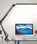 Clamp On LED Desk Lamp For Home And Office, Adjustable Swing Arm, 3 Color Temperatures, shown on desk beside monitor