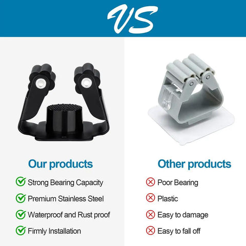Comparison of Heavy Duty Stainless Steel Broom And Mop Holder Three Pack Wall Mounted Tool Organizer Rack For Rake And Shovel Handles Easy Install With Screws Silver versus plastic holder.