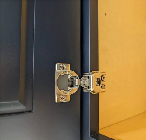 Smooth As Butter Soft Close Cabinet Hinges With 3 Way Cam Adjustment 1 1/4 Overlay And 105 Degree Open, installed showing hinge mechanism.