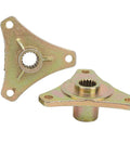 Heavy Duty Steel Alloy Rear Axle Hub Featuring Rock Solid 17T Spline Drive And Three Stud Setup For Off Road Quad Bike And Go Kart Builds With Golden Abrasion Resistant Coating Built Tough As Nails In A Pair, showing two hubs.