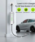 Tesla Level 1 And 2 Home EV Charger With 16A 120V/240V, 21Ft Cable, NEMA 6-20 Plug And NEMA 5-15 Adapter, NACS Connector, Portable Travel Wall Charger For Model Y 3 S X, attached to a wall, charging a Tesla car