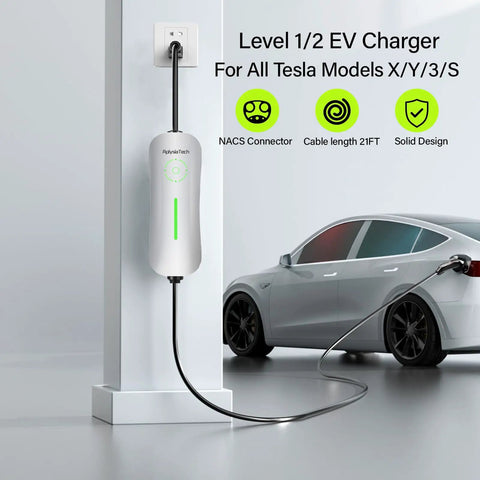 Tesla Level 1 And 2 Home EV Charger With 16A 120V/240V, 21Ft Cable, NEMA 6-20 Plug And NEMA 5-15 Adapter, NACS Connector, Portable Travel Wall Charger For Model Y 3 S X, attached to a wall, charging a Tesla car