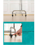Stainless Steel Broom And Mop Holder With Movable Cart Organizer For Cleaning Tools showing wheels and brake mechanism.