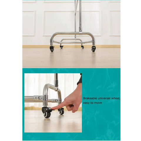Stainless Steel Broom And Mop Holder With Movable Cart Organizer For Cleaning Tools showing wheels and brake mechanism.