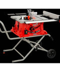 Heavy Duty 10 Inch Sliding Table Saw With 110V Motor And Quick Clamping Rip Fence offering precise height and angle adjustments with roller stand.